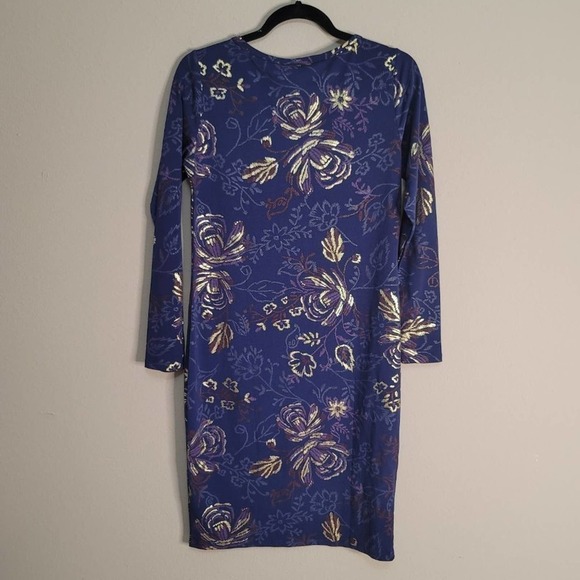 Lularoe Elegant Debbie Gold Metallic Floral Print Pencil Sheath Dress Blue Small - Picture 3 of 10
